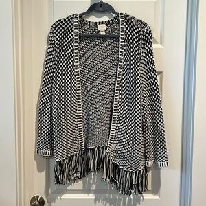 Black-and-white open knit cardigan with fringe by Chicos, size 2
